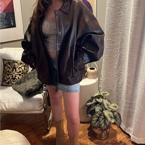 Oversized Vintage Brown Leather Bomber Jacket